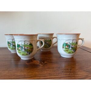 Vintage Newcor Country Village Cottagecore Style Set of 4 Mugs